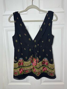 Y2K Silk Floral Babydoll Front Waist Tie Plunging V-Neck Sleeveless Top Coquette